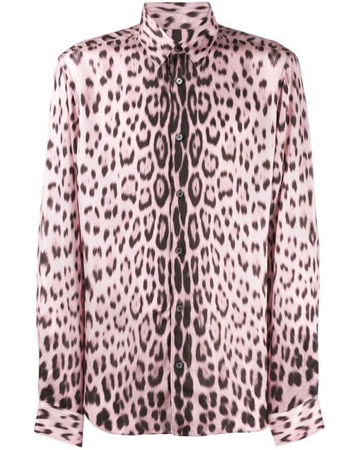 Roberto Cavalli Pink Leopard-print Satin Shirt for men
