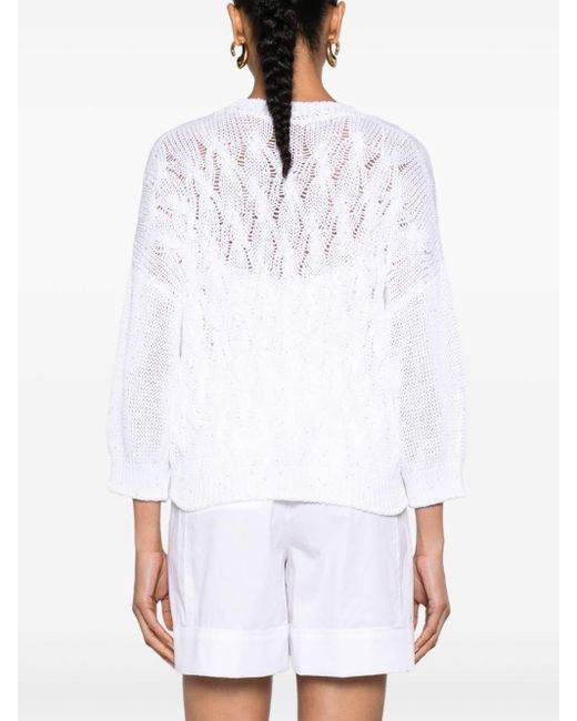 Peserico White Sequin-embellished Cable-knit Cardigan