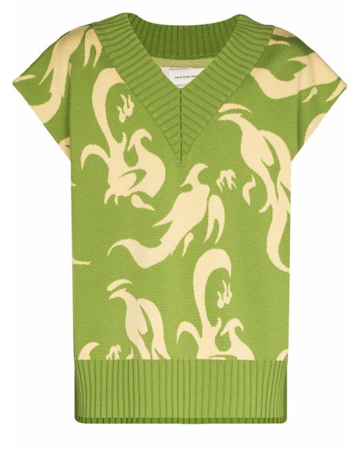 Feng Chen Wang Green Phoenix Wool V-neck Knitted Vest for men