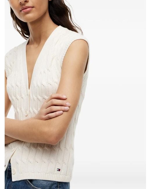 Tommy Hilfiger White Cable-Knit Sleeveless Cardigan