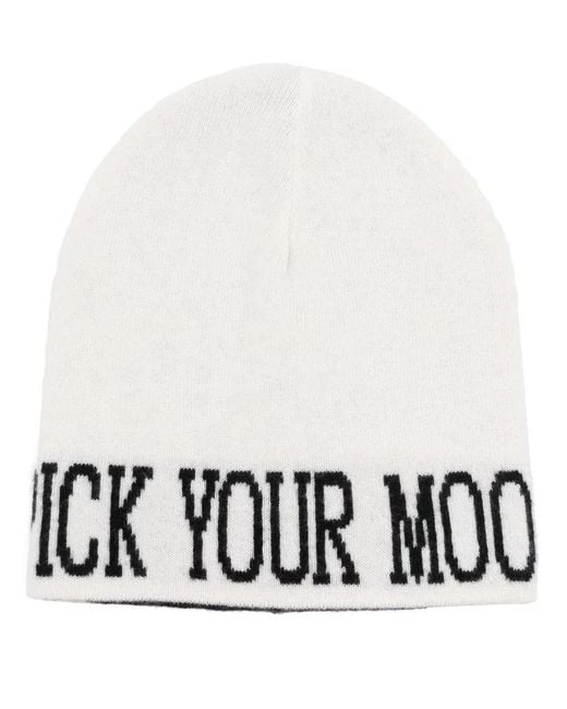 Alberta Ferretti White Slogan-Print Knitted Beanie