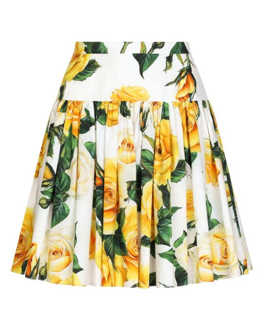 Short circle skirt in yellow rose-print cotton Dolce & Gabbana en coloris Multicolor