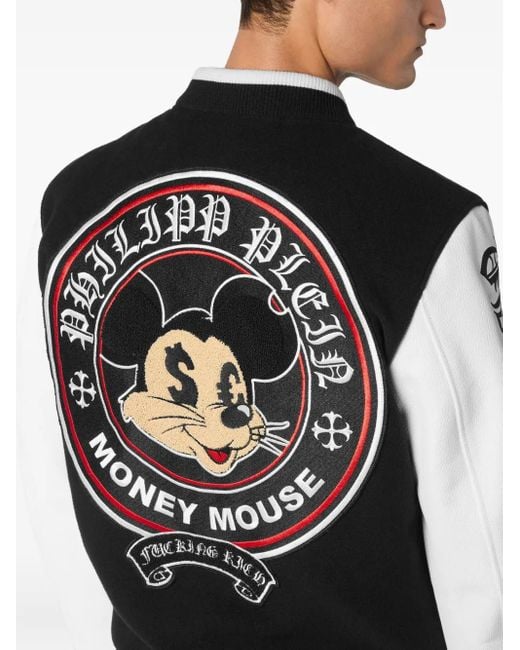 Philipp Plein Black Money Mouse-Emblem Varsity Jacket for men