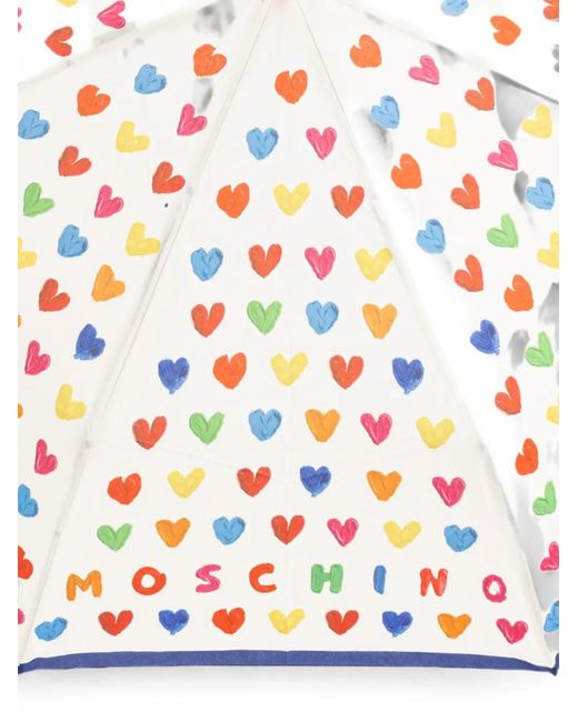 Moschino White Heart-Print Folding Umbrella