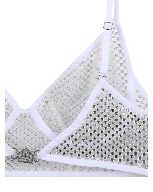 Genny White Crystal-Embellished Mesh Top