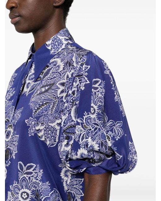 Etro Blue Floral-print Silk Shirt