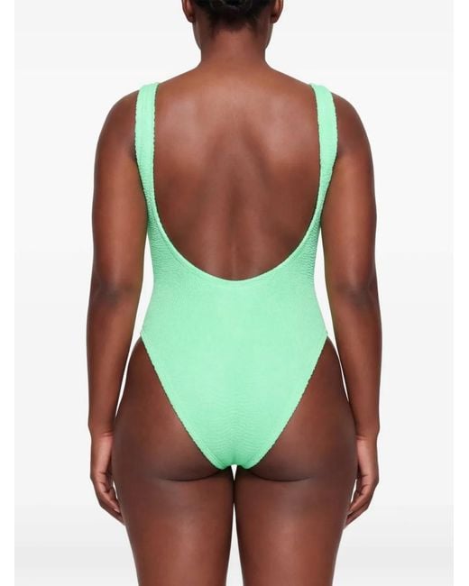 Hunza G Green Crinkle-Effect Square-Neck Swimsuit
