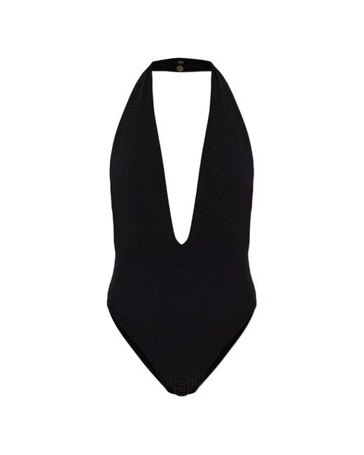 Balmain Blue Monogram-Jacquard Halterneck Swimsuit