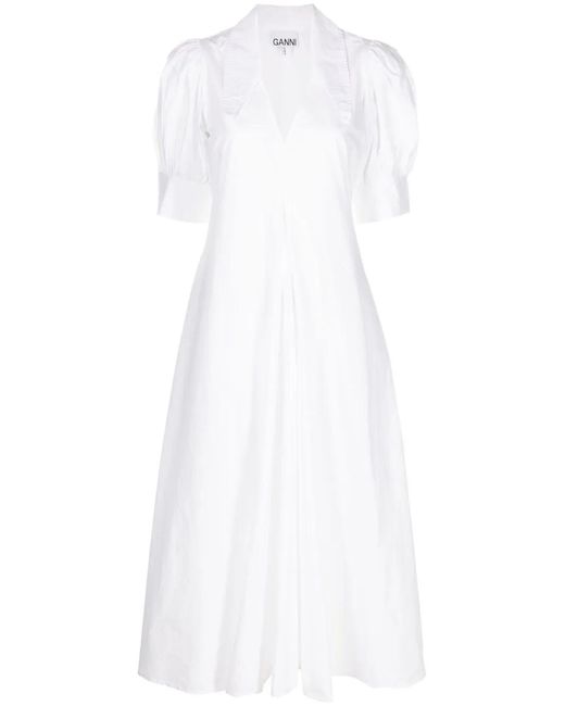 Ganni Midi-Jurk Van Biologisch Katoen Met V-Hals in het White