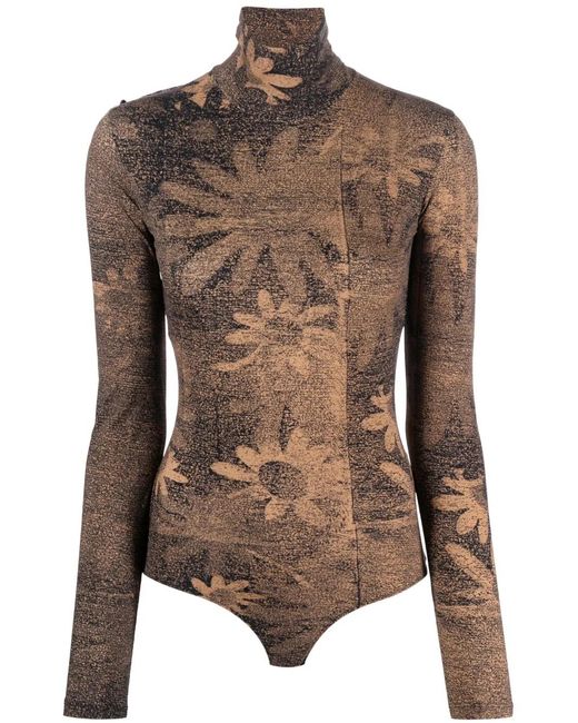 MM6 by Maison Margiela Brown Flower-Print High Neck Bodysuit