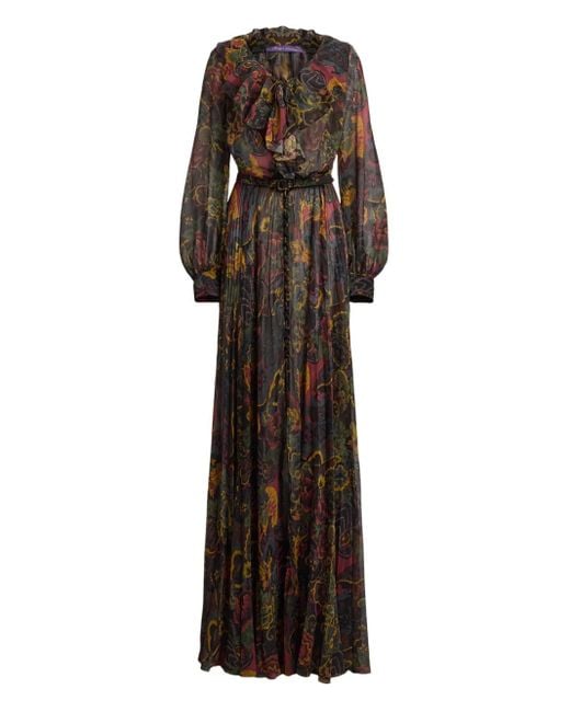 Ralph Lauren Black Pleated Ruffle-Neck Maxi Dress