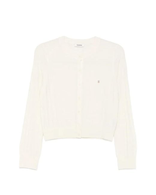 Sandro White Check-Pattern Round-Neck Cardigan