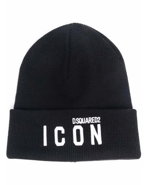DSquared² Black Dsquared Icon Logo-embroidered Knitted Beanie for men