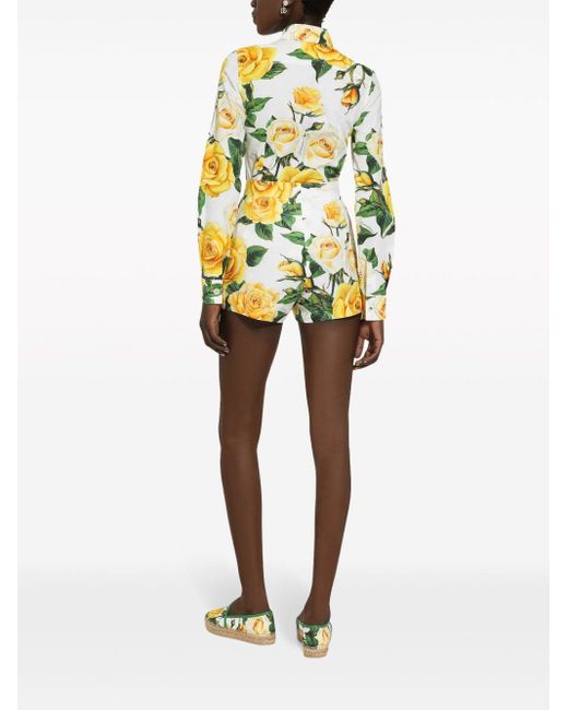 Long-sleeved cotton shirt with yellow rose print Dolce & Gabbana