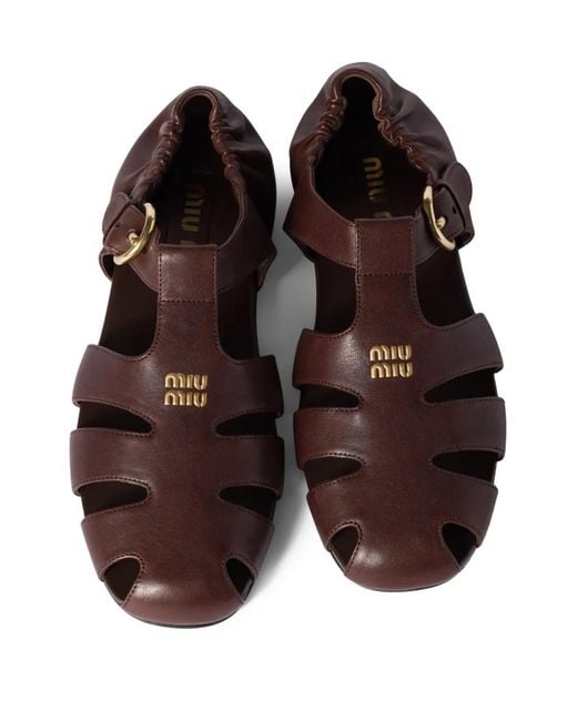 Miu Miu Brown Nappa Leather Ruches Fisherman Sandals
