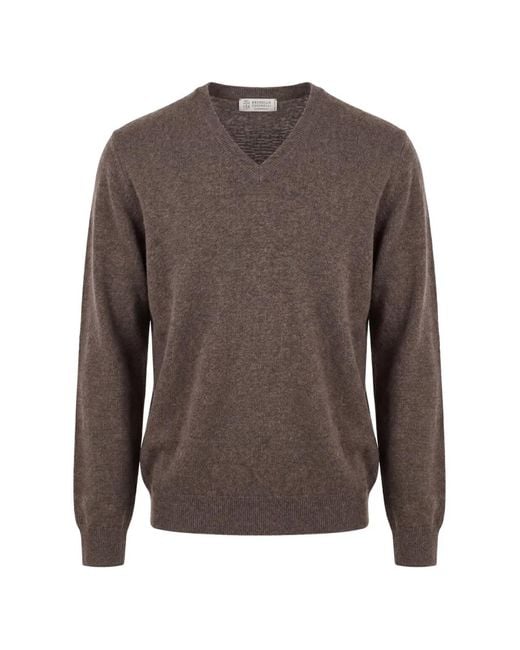 Brunello Cucinelli Brown V-Neck Cashmere Sweater for men