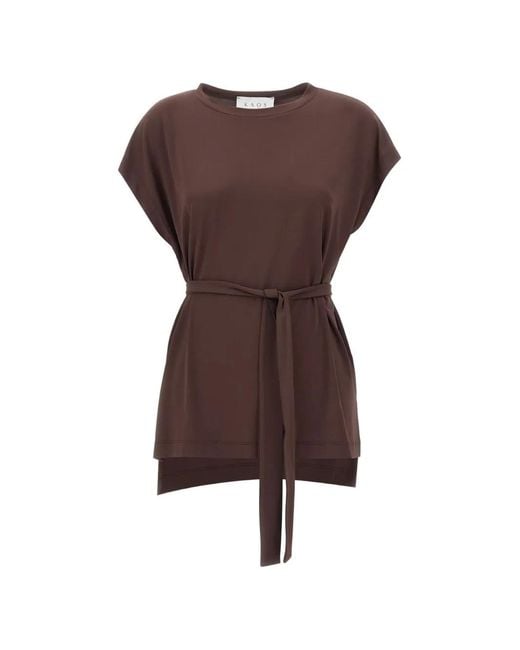 Kaos Brown Belted Cap-Sleeve Blouse