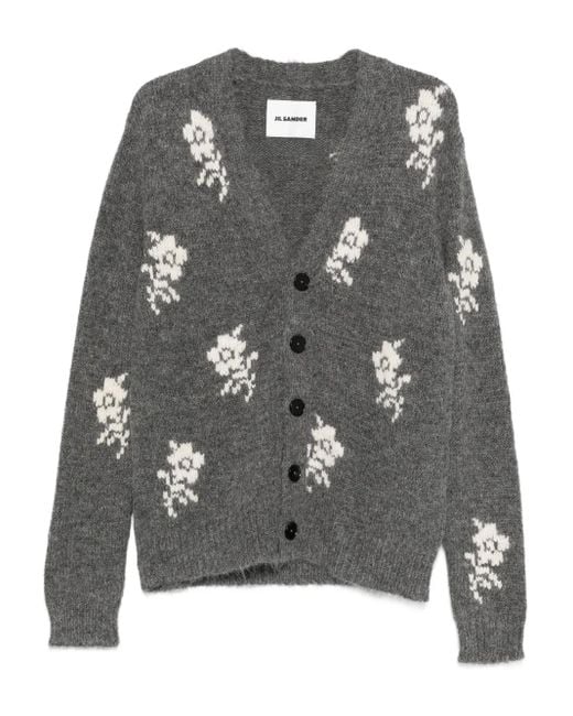 Jil Sander Gray Floral-Intarsia V-Neck Cardigan for men