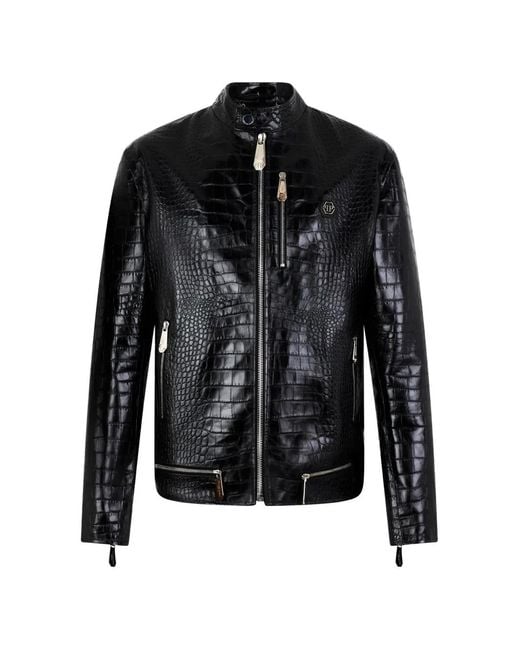 Philipp Plein Black Crocodile-Print Leather Jacket for men