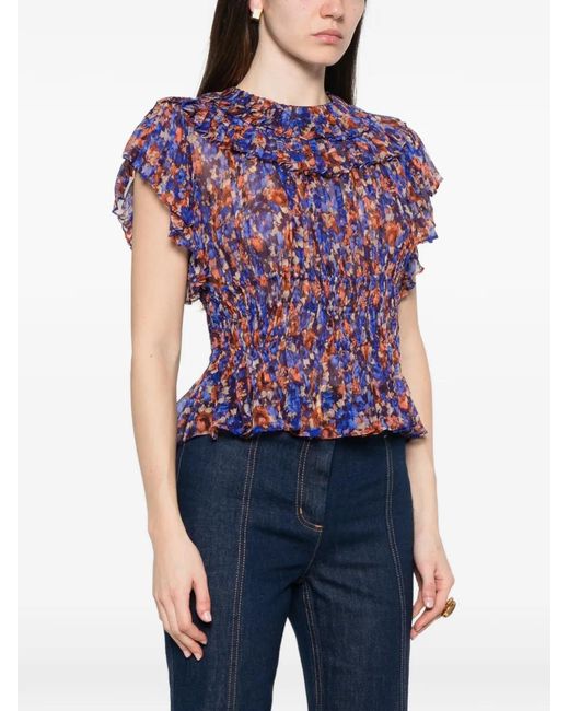 Ulla Johnson Blue Athene Ruffled Floral-Pattern Blouse