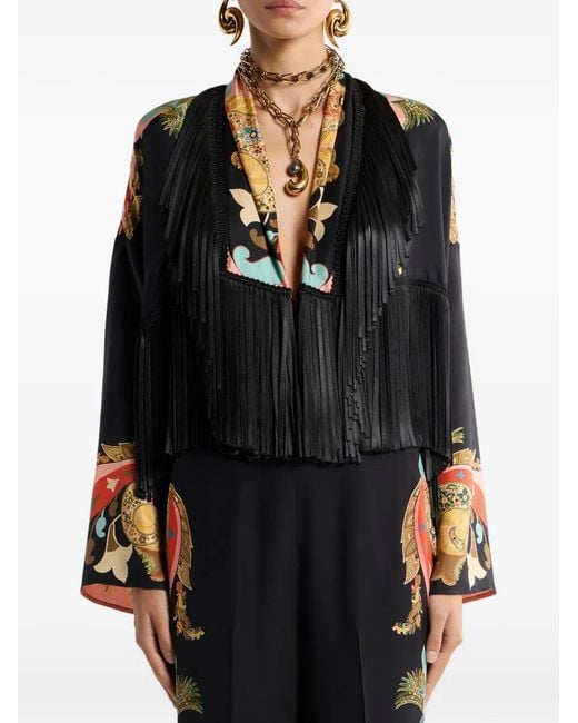 Etro Black Silk Jacket With Fringing And Placed Print