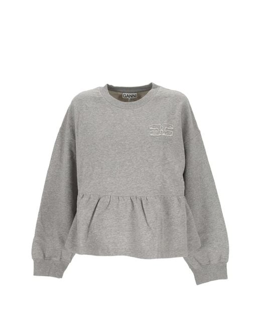 Ganni Gray Crew-Neck Ruffled Sweatshirt