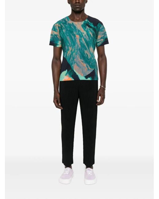 Homme Plissé Issey Miyake Men's Green Agate-Print Pleated T-Shirt