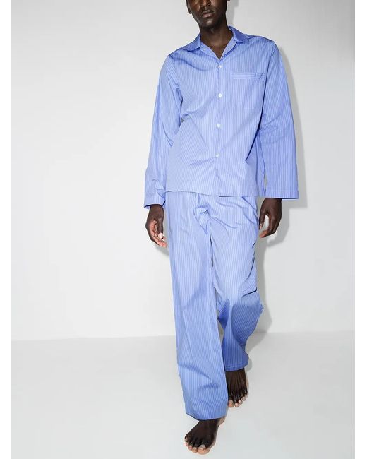 Tekla Blue Striped Drawstring Pajama Bottoms