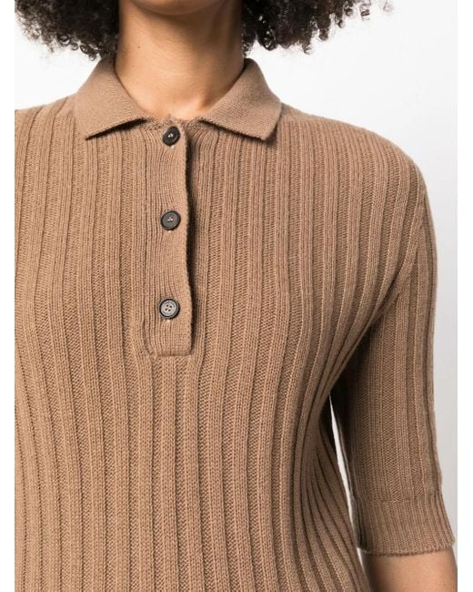 Fabiana Filippi Brown Ribbed-Knit Cashmere Polo Top