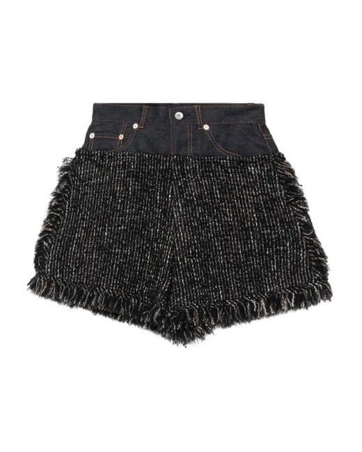 Sacai Tweed Denim Shorts Met Franje in het Black