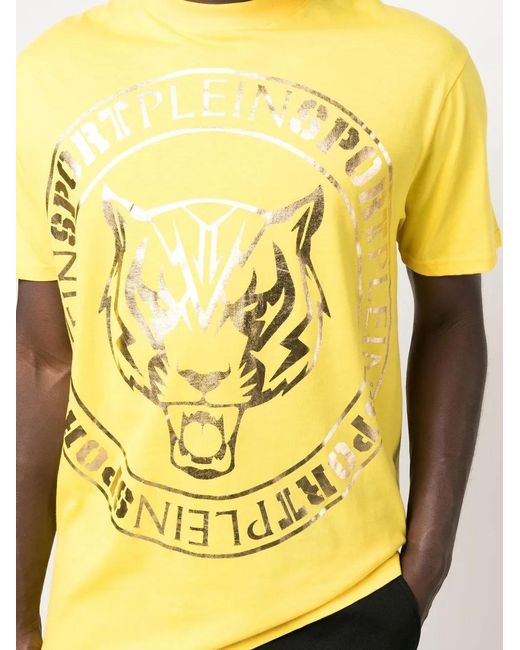 Philipp Plein Yellow Tiger-Head Logo-Print T-Shirt for men