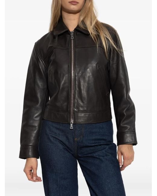 Officine Generale Black Zip-Up Leather Jacket