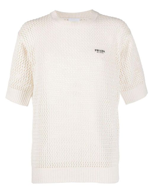 Prada White Crochet-knit Silk T-shirt for men