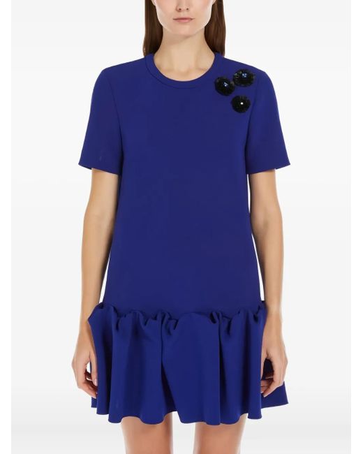 Max Mara Blue Ruffled Short-Sleeve Dress