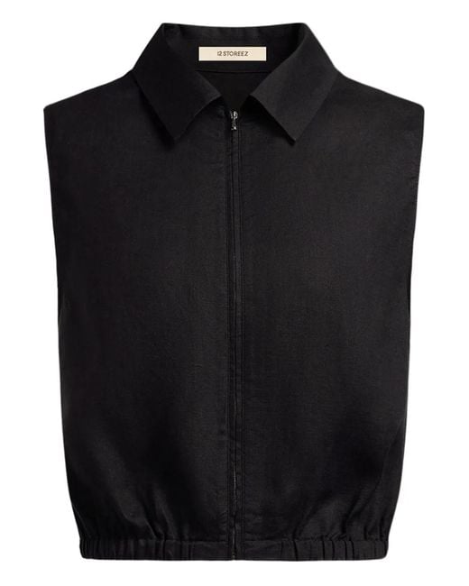 12 STOREEZ Black Zip-Front Linen Shirt