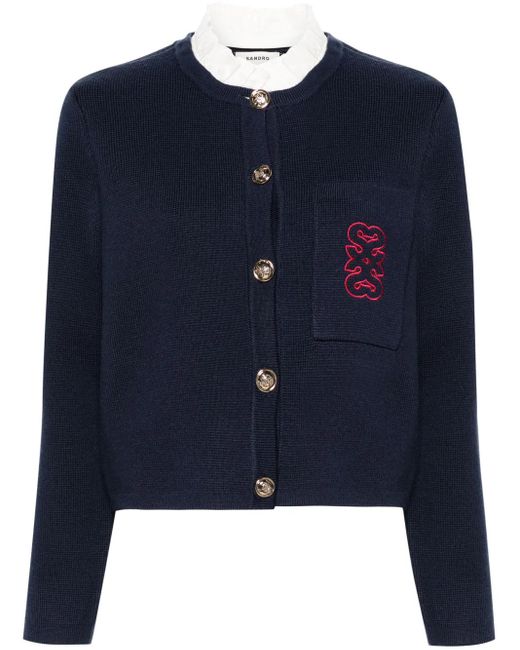 Sandro Blue Detachable-Trim Collar Knitted Cardigan