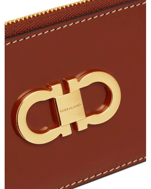 Ferragamo Brown Double Gancini Credit Card Holder