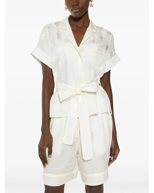 Dolce & Gabbana White Dna Monogram-Jacquard Tied-Waist Shirt