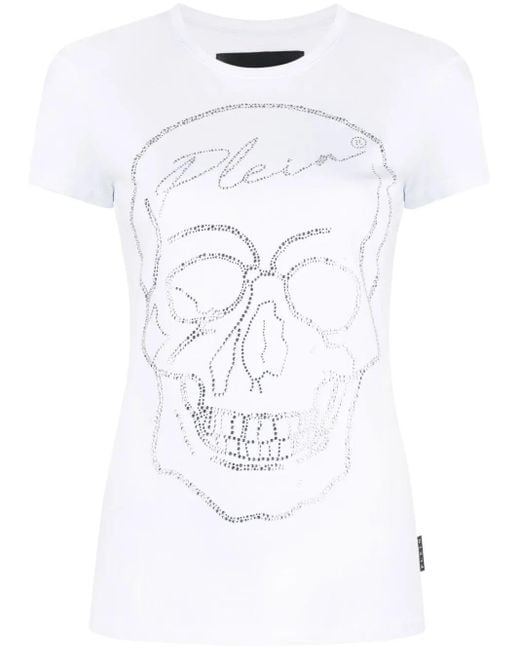 Philipp Plein White Skull Motif Rhinestone-Embellished T-Shirt