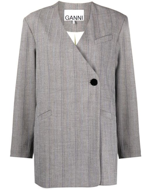 Ganni Gray Herringbone-pattern Buttoned Blazer