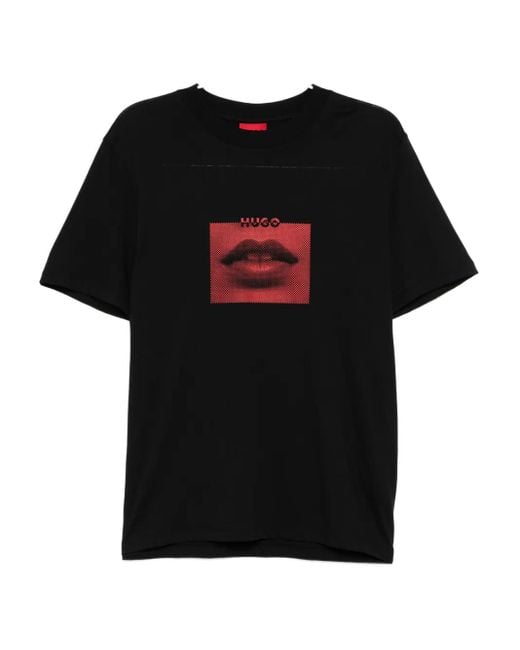 HUGO Black Graphic-Printed T-Shirt for men