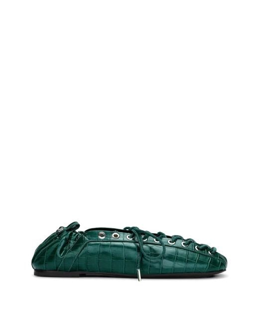 Ganni Green Lace-Up Ballet Flats