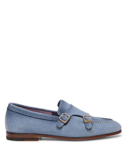 Santoni Blue Double-buckled Suede Loafers for men