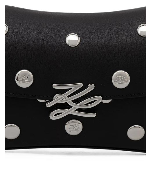 Karl Lagerfeld Black Stud-Embellished Logo-Plaque Shoulder Bag