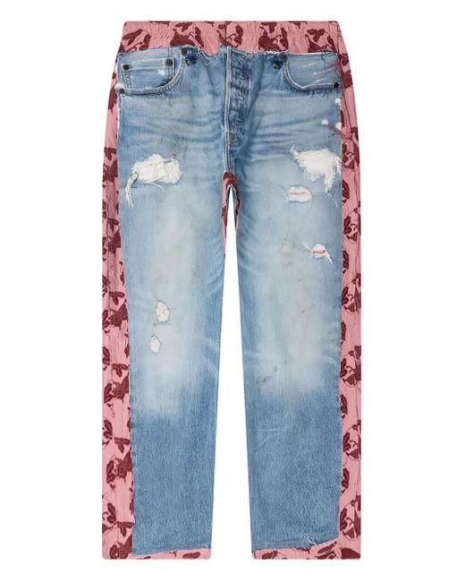 Needles Blue Floral-Panel Distressed Trousers for men