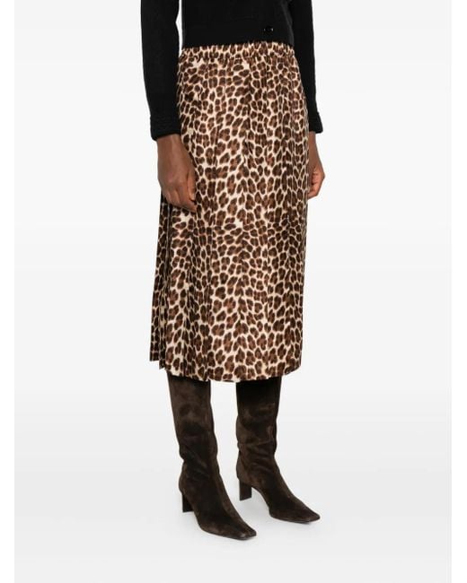 P.A.R.O.S.H. Brown Pleated Leopard-Print Midi Skirt