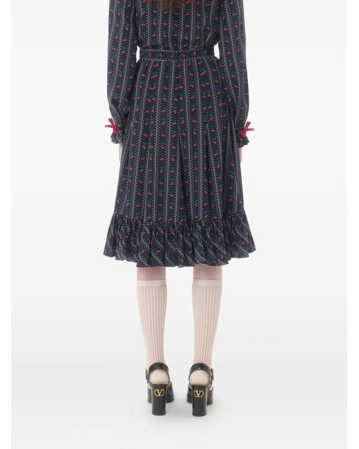 Valentino Garavani Blue Crepe De Chine Midi Skirt With Cherryfic Print