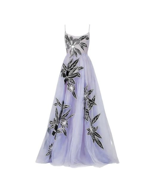 Georges Hobeika Blue Floral-Appliqué Maxi Dress