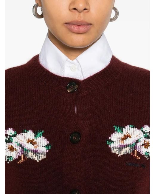 ShuShu/Tong Brown Floral-Appliqué Buttoned Cardigan