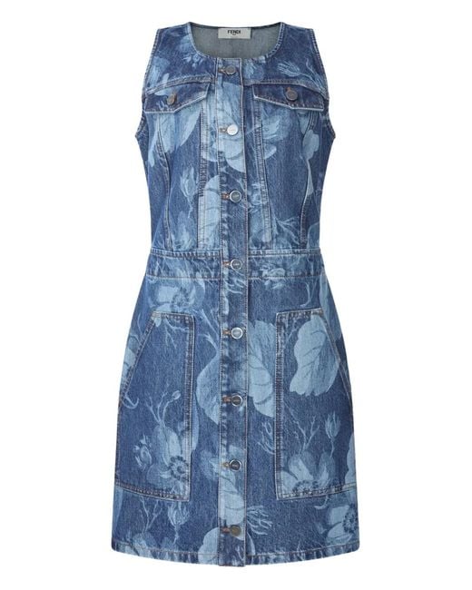 Fendi Blue Floral-Print Button-Front Dress
